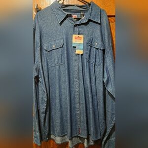 Wrangler Relaxed Fit Blue Denim Button Up Long Sleeve Shirt With Pockets